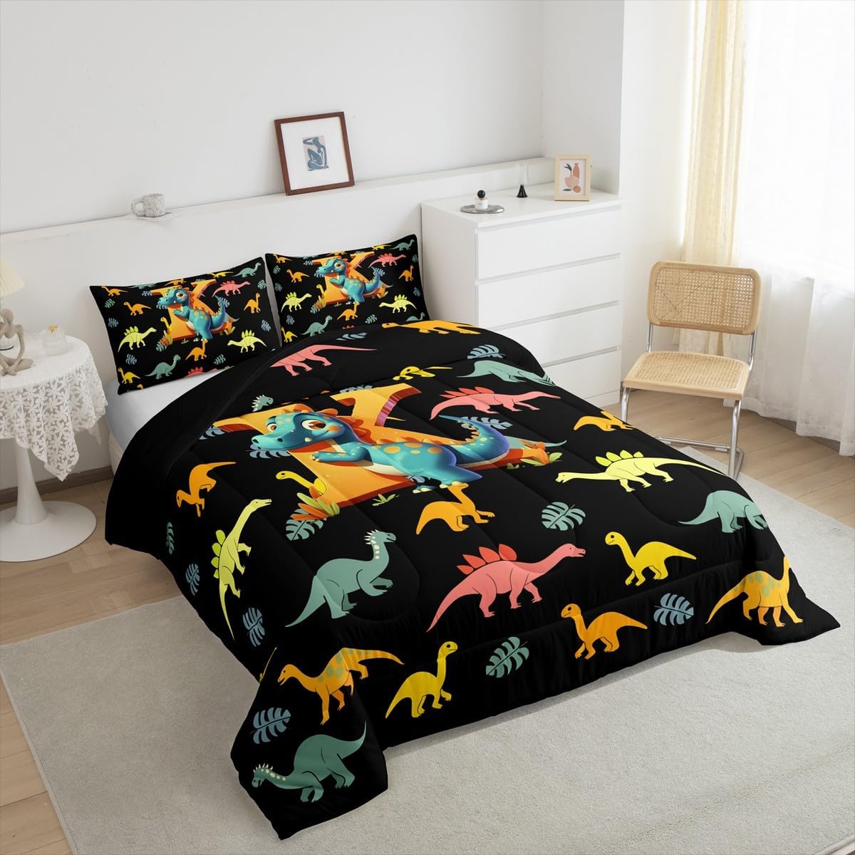 Feelyou Kids Cute Cartoon Dinosaur Comforter Set Twin Size Personalized Initial K Bedding Set for Boys Girls Kawaii Jungle Dino Funny Alphabet Pattern Duvet Quilt Room Decor