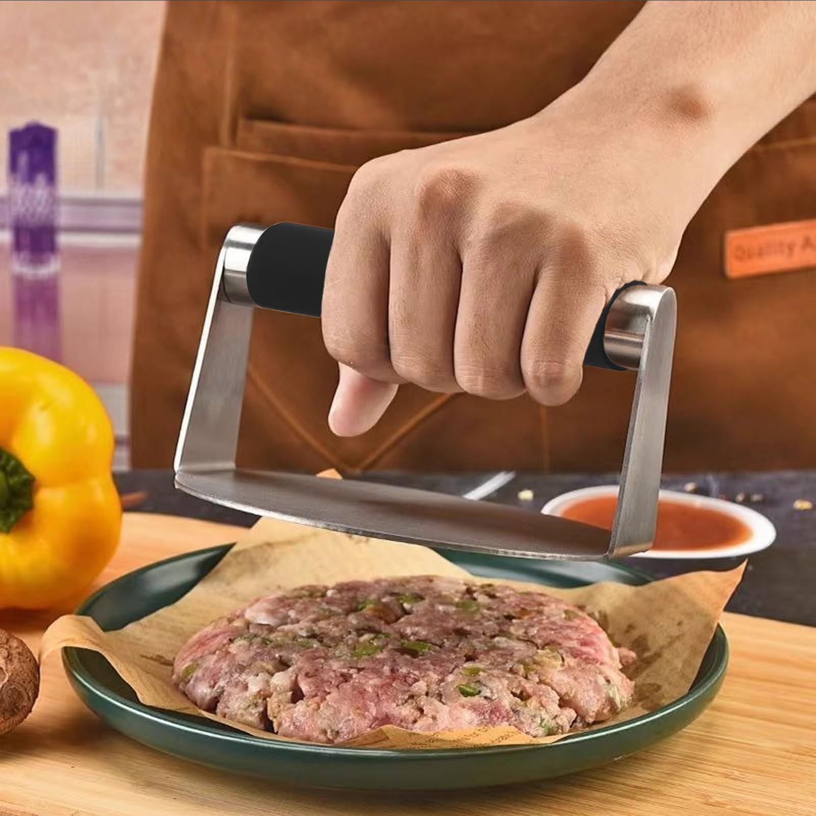 JJZGPP Pressa per hamburger in acciaio inox da 5,5 pollici rotonda Smash Burger, pressa bistecca tritata antiaderente, impugnatura comoda, facile da pulire, per bistecca, patties, carne, barbecue
