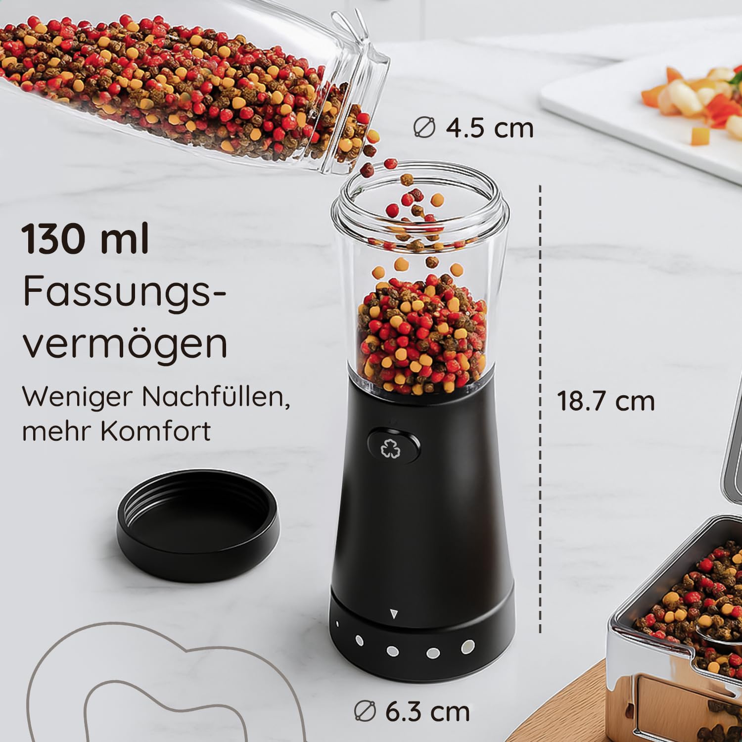 Salz und Pfeffermühle Elektrisch - Gustaro - 130ml - Einstellbarer Mahlgrad - USB-C Aufladbar - LED-Licht - Keramikmahlwerk - Matt Schwarz