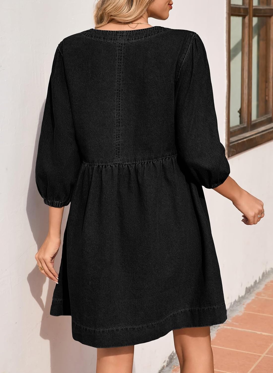 Sidefeel Women's Spring Outfit Denim Dress 3/4 Sleeve Loose Fit Square Neck Summer Jean Dresses with Pockets - Image 2