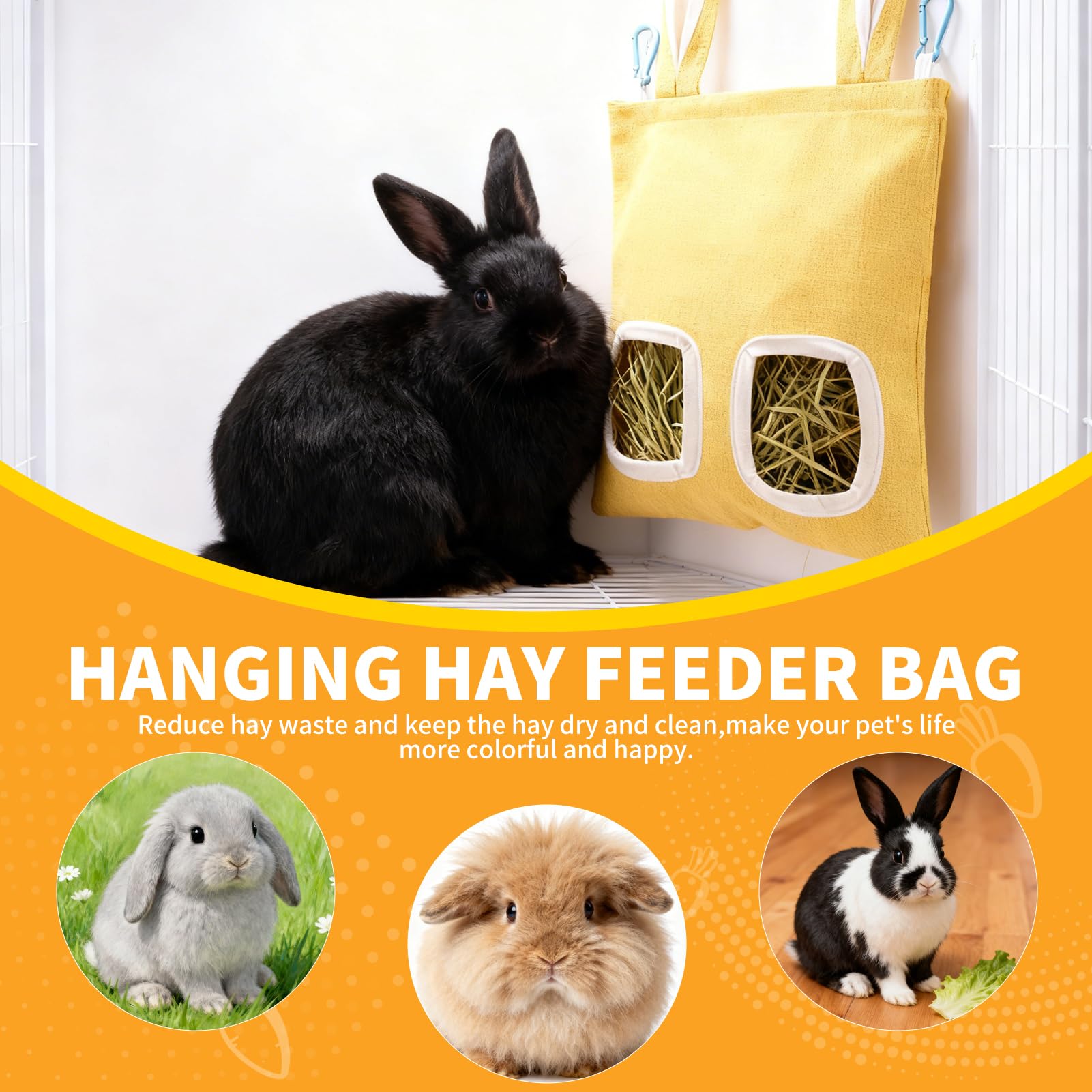 2 Pack Rabbit Guinea Pig Hay Feeder, Cute Bunny Hay Bag, Hanging Hay Holder for Guinea Pig Cage, Hay Feeder for Rabbits Chinchillas Hamsters Small Pets and Animals (Yellow & Blue) - image 3
