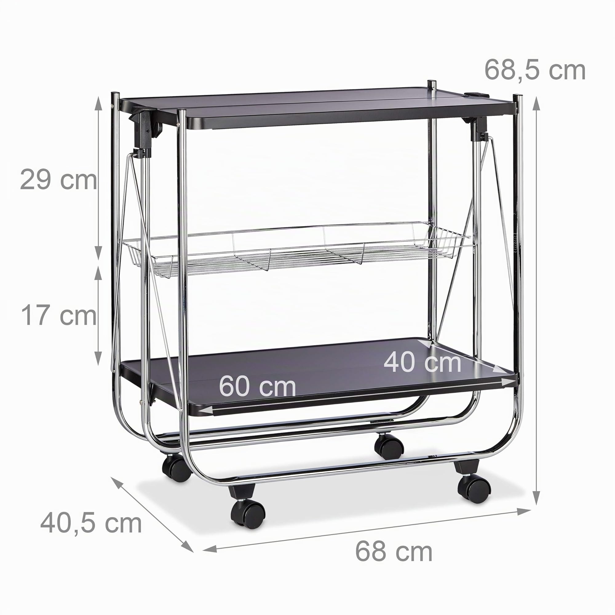 Relaxdays Carrello da Cucina Portavivande con Cestello, Pieghevole, 4 Ruote, Nero, HxLxP 68,5 x 68 x 40,5 cm