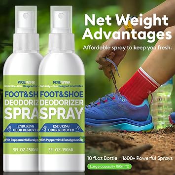 Foot & Shoe Deodorizer Spray, 5 fl.oz Instant Odor Eliminator for Smelly Shoes & Feet - Long-Lasting Freshness, 2-Pack