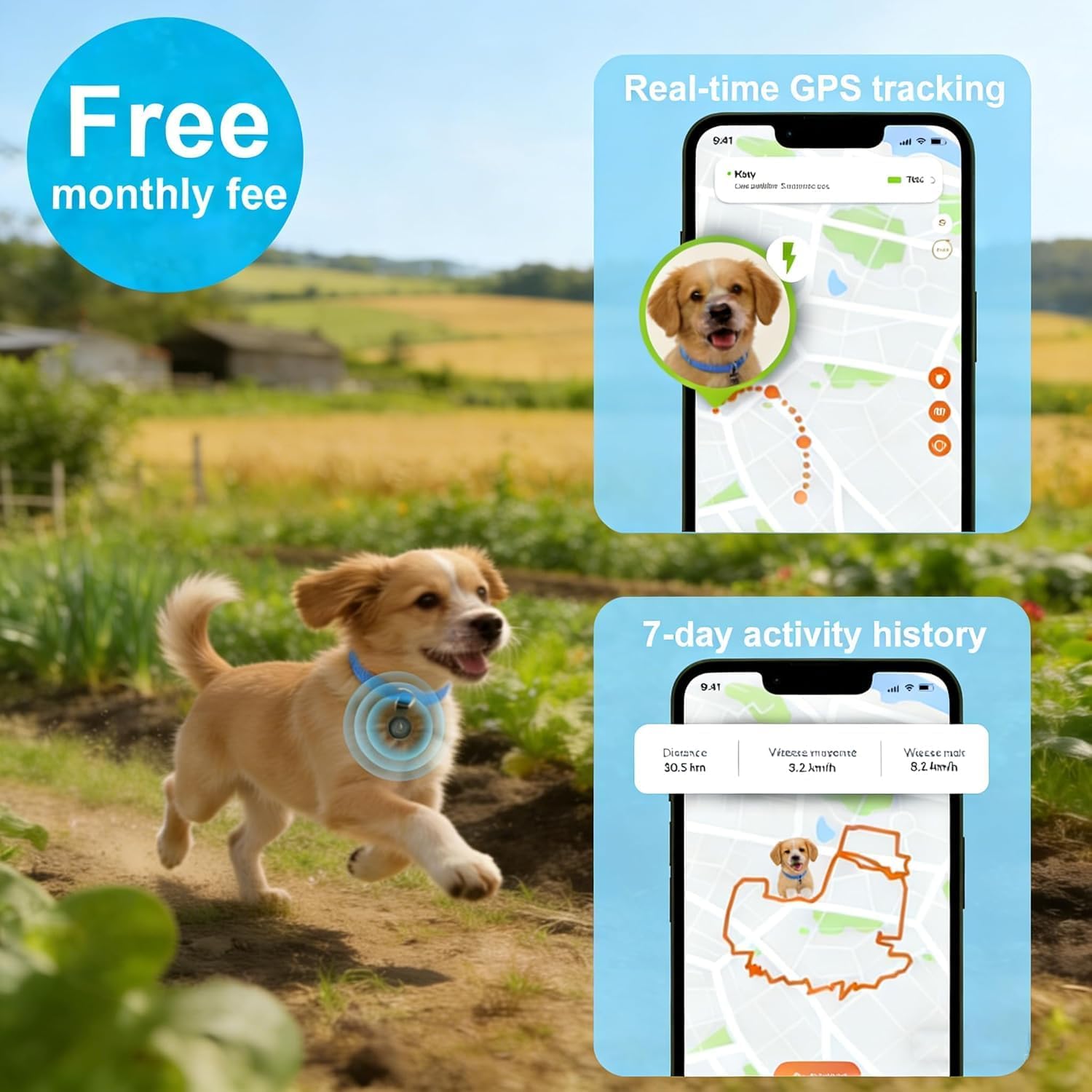 Traqueur GPS pour chiens, collier intelligent avec localisation en temps réel – Tracker de localisation pour animal de compagnie avec support, sans frais mensuels/sans carte SIM, fonctionne avec iOS