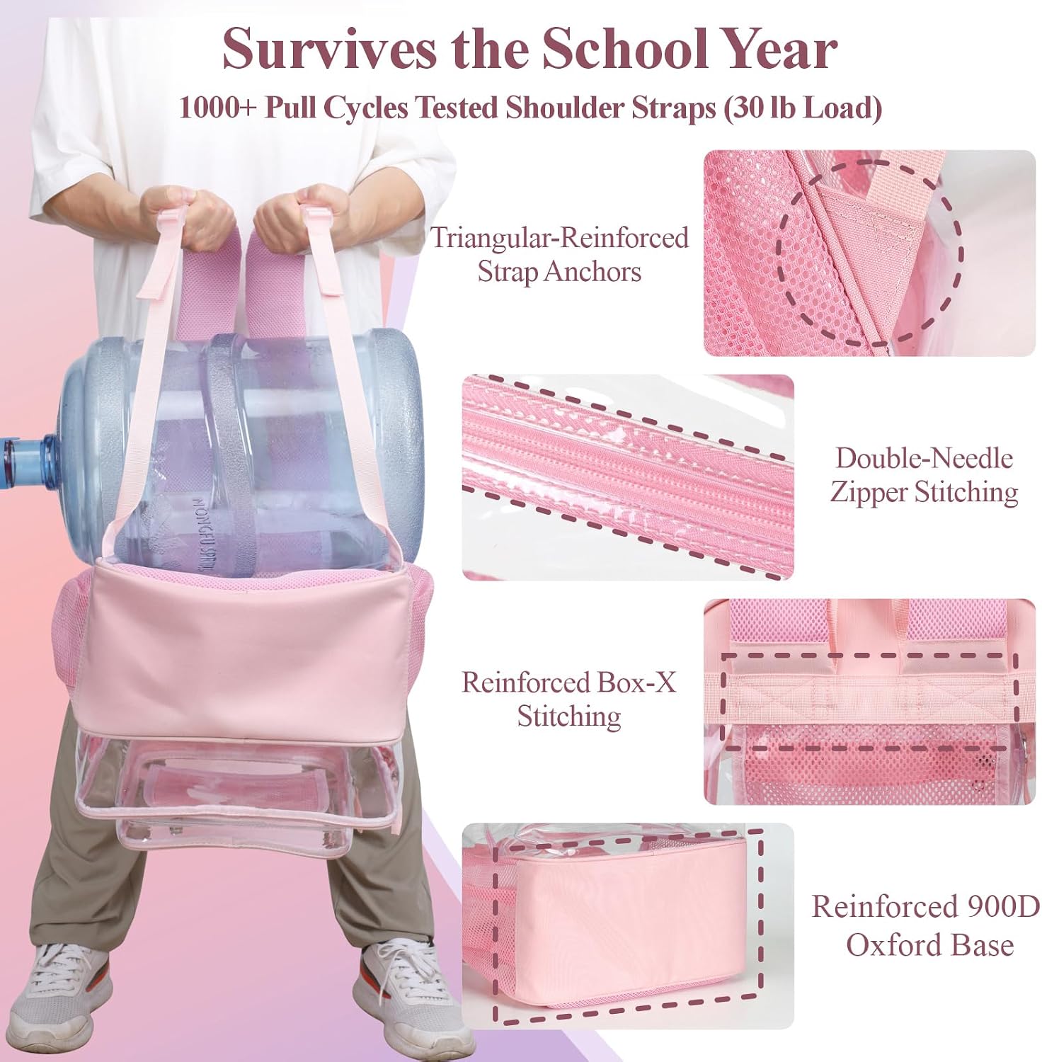  Clear Backpack for School - 18 Inch Extra Large Clear Bookbag, Pink | Heavy Duty 0.5mm PVC, 2 Large Compartments, Fit 16" Laptop, Reinforced 900D Oxford Base, Padded Straps and Back, Age 12+ thumbnail