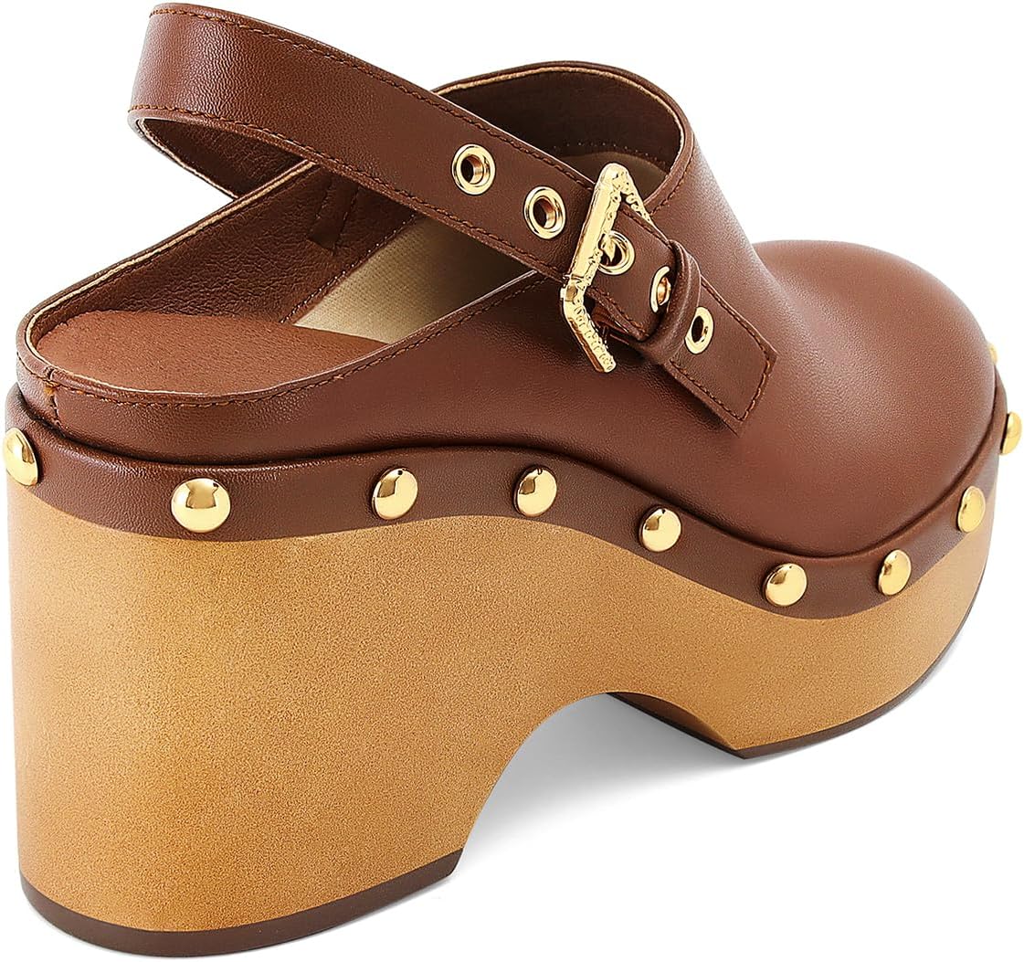 Women’s Leather Studded Clogs Closed Toe Slip on Vintage Platform Mules Wedge Heel Fall Buckle Slingback Shoes Daily Comfortable Casual Slides Shoes - Image 7