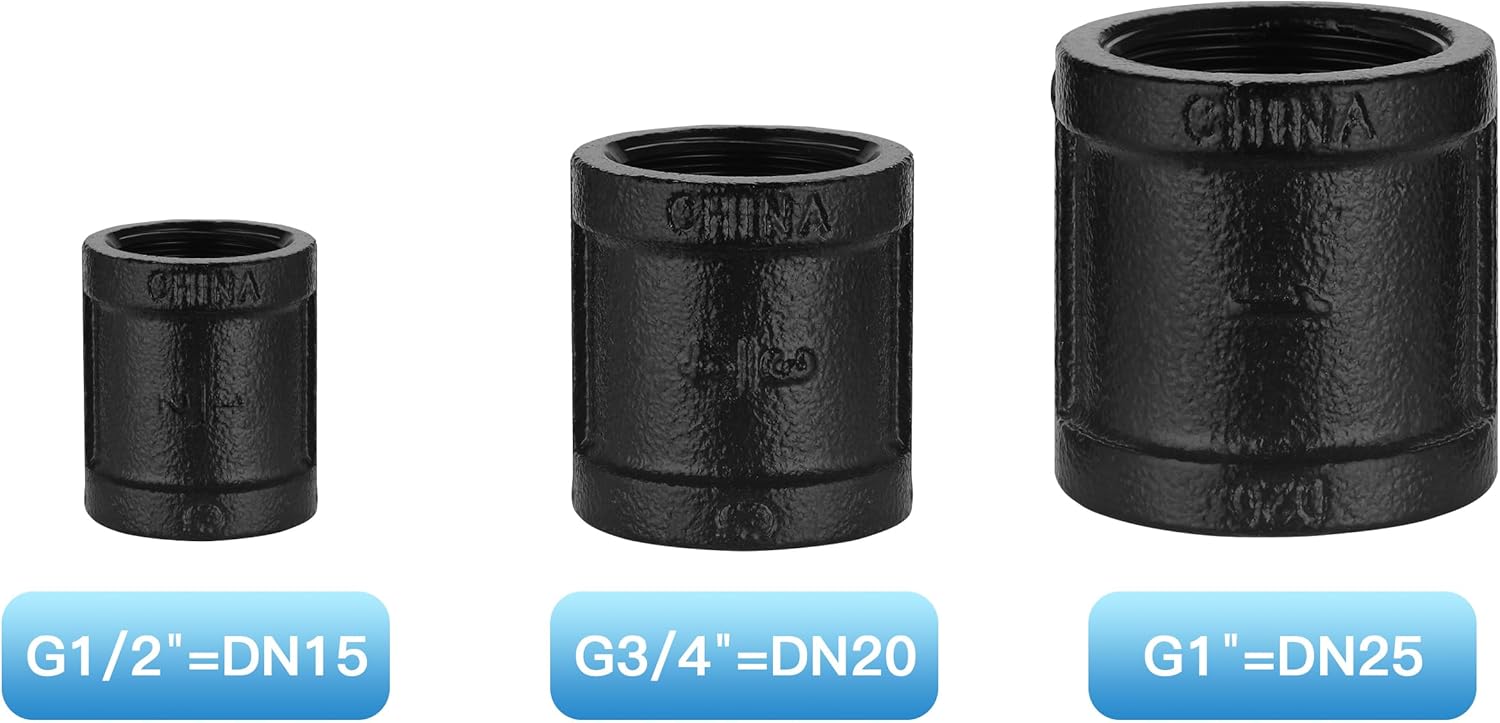 1" Black Pipe Coupling, 10 Pack 1" Malleable Iron Cast Threaded Pipe Fitting Coupling for Steam-punk Vintage Shelf Bracket DIY Plumbing Pipe Decor Furniture (10, Black 1 Inch)