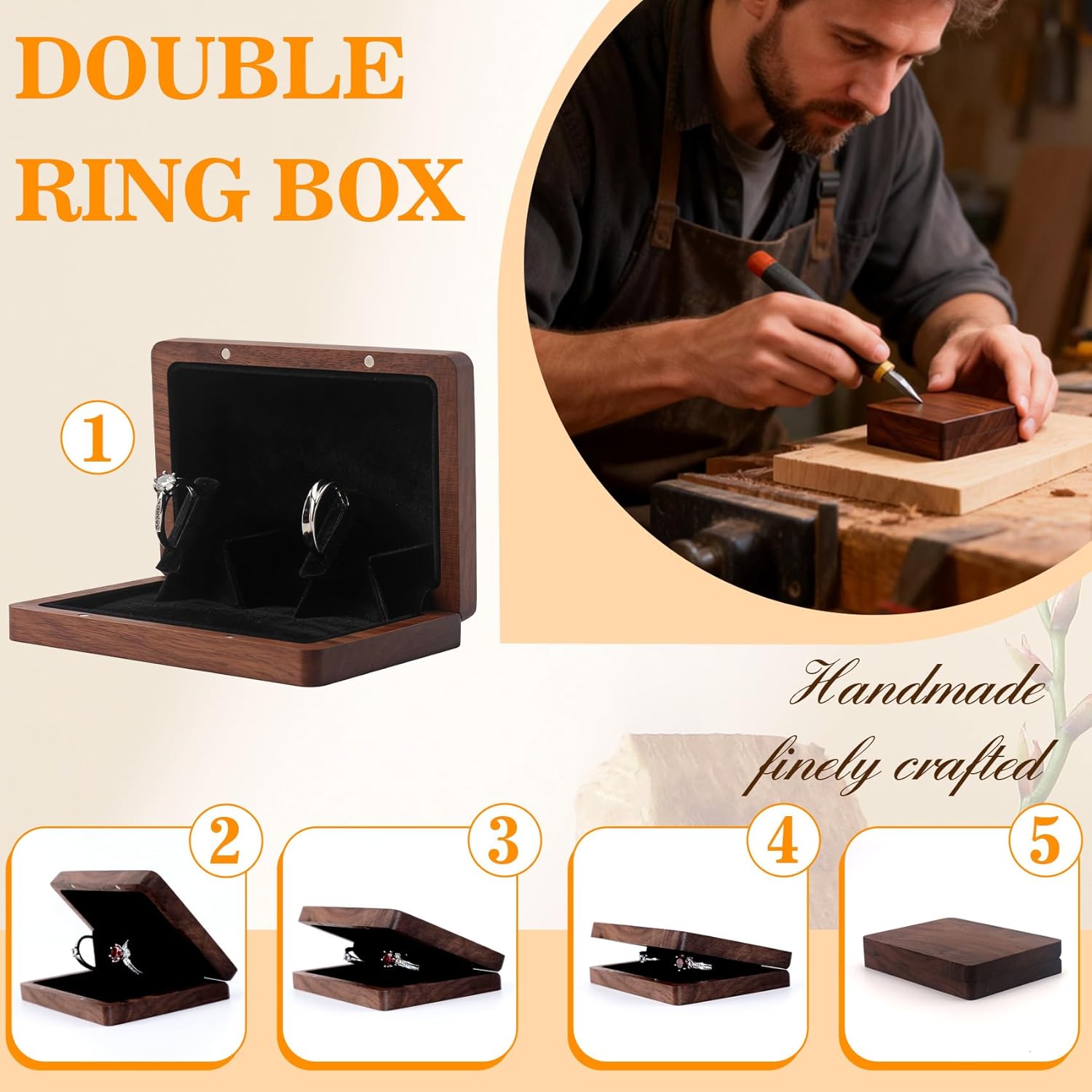 Black Walnut Engagement Ring Box Wood Rotating Proposal Ring Box For Wedding Ceremony Jewelry Gift Case (Black Walnut Two slots)