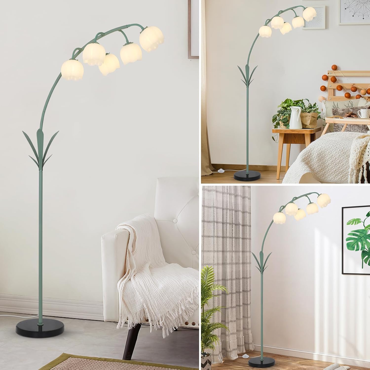 HMVPL Arc Floor Lamp for Living Room, Flower Floor Lamp with 5 G9 LED Bulbs, Foot Switch, Green Floral Standing Lamp with Acrylic Shade, Curved Tall Lamp for Living Room Bedroom Corner Kids Reading
