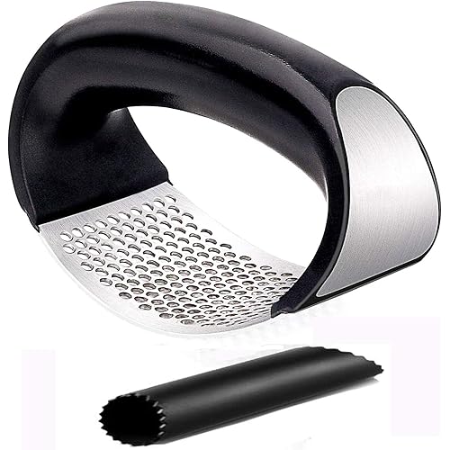 Garlic Press Rocker Stainless Steel Garlic Mincer Crusher and Peeler, Ergonomic, Easy to Use (Black)