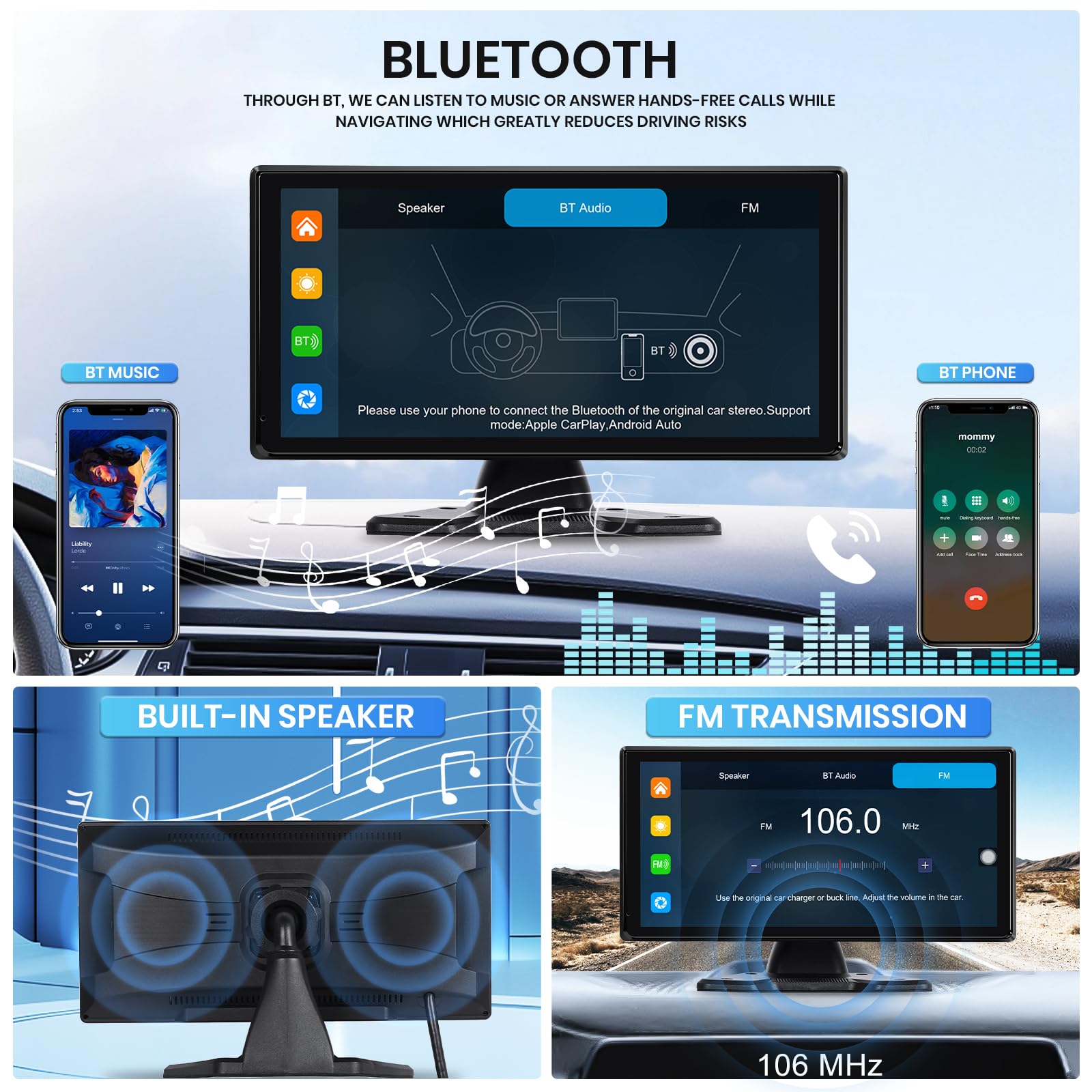 Hodozzy Kit Caméra de Recul 4K avec 4 Caméra AHD Filaire, CarPlay sans Fil Android Auto, Voiture Écran Tactile 10,36 Pouces 4 Split Moniteur, Bluetooth, FM Loop Recording USB/TF Écran CarPlay