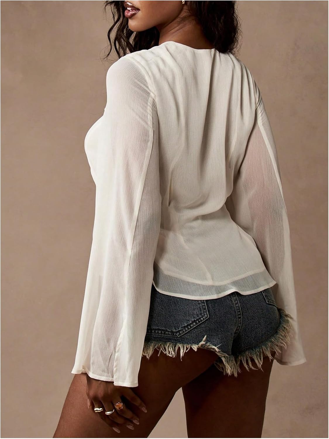 MakeMeChic Women's Tie Front Lace Peplum Tops Ruffle Trim V Neck Long Sleeve Chiffon Blouse Western Button Shirts - Image 2