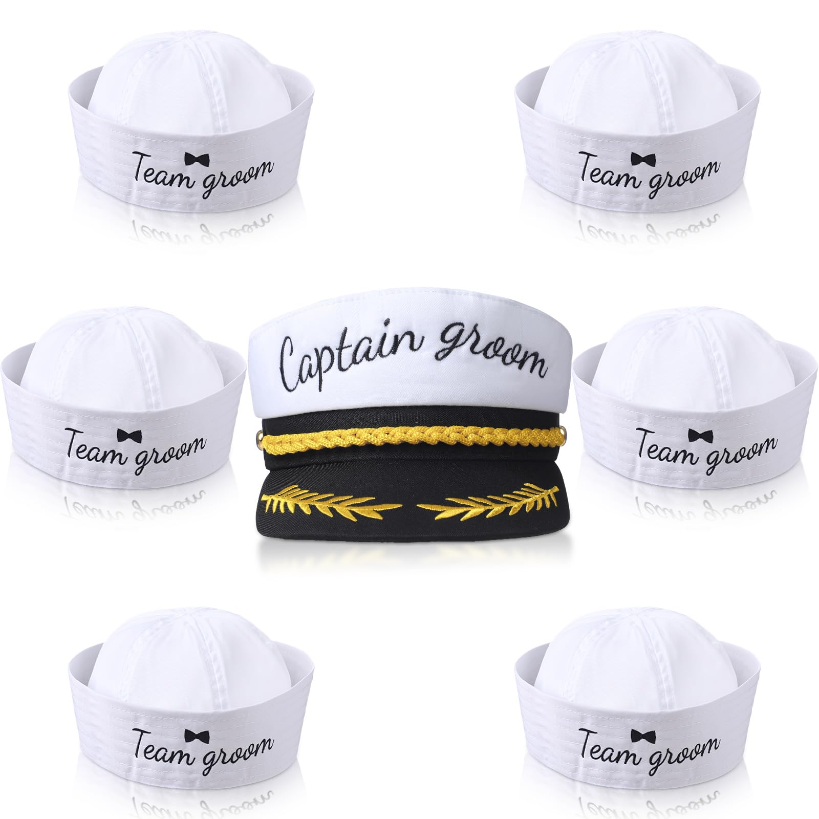 JaGely 7 Pcs Wedding Bachelor Party Hats Include 1 Pcs Groom Captain Hat 6 Pcs Sailor Hat Sailor Cap Bachelor Party Costume Accessory for Wedding