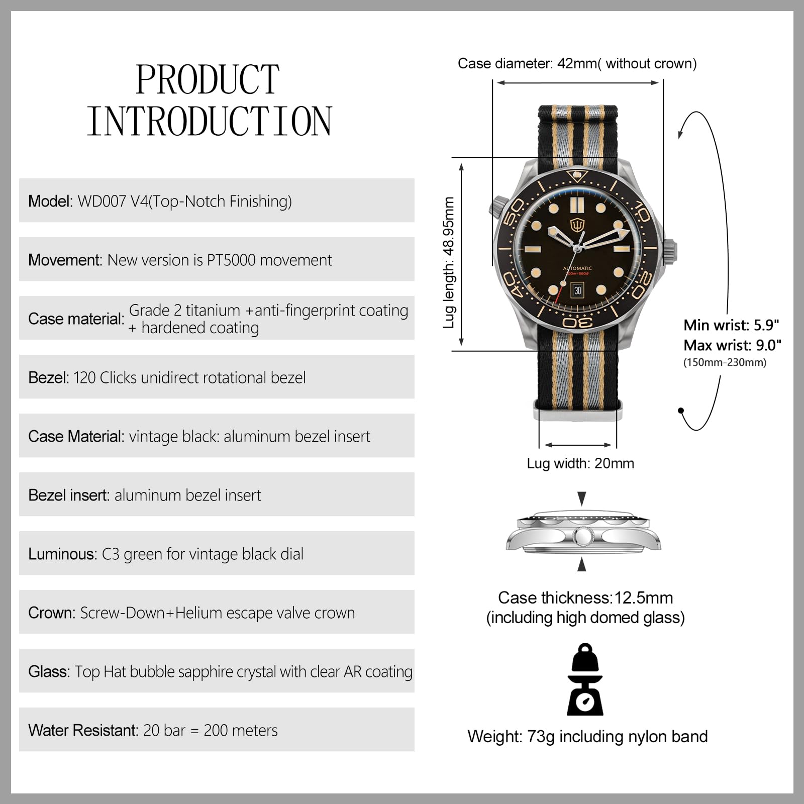 Tactical Frog Watchdives WD007 Sea Ghost NTTD Reloj de Buceo para Hombre, 39/42 mm arqueado Zafiro Cristal Titanio/Caja de Acero 316L Relojes automáticos para Hombres, 200 M Resistente al Agua