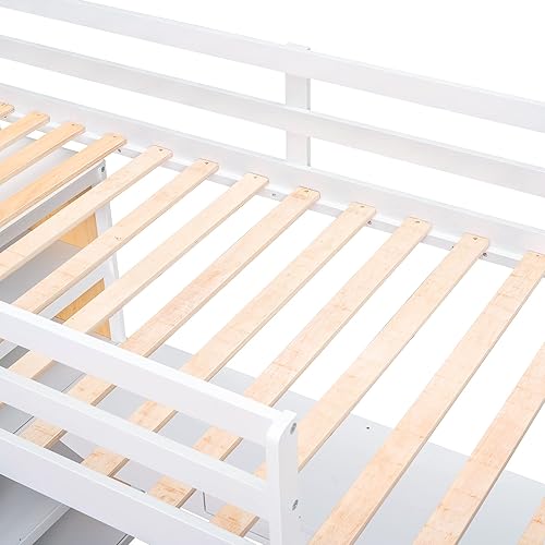 Miniatura 8 de JIVOIT Cama alta de tamaño individual marco de cama de madera con escalera estantes escritoriocajón cama loft multifuncional con barandillas de