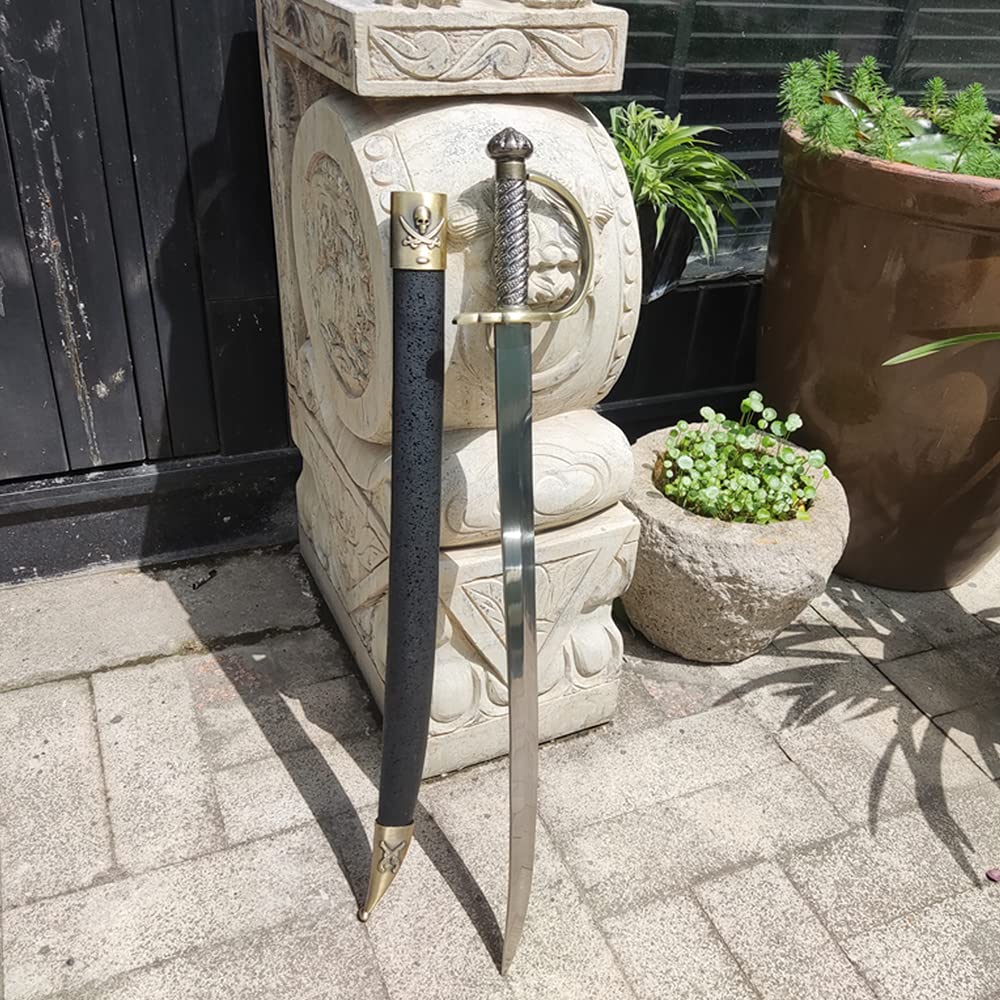 COSWOR 31.1" Metal Stainless Steel Caribbean Pirate Jack Sparrow's Cutlass Sword with Basket Guard, Brass Hilt for Cosplay, Collection, Gift