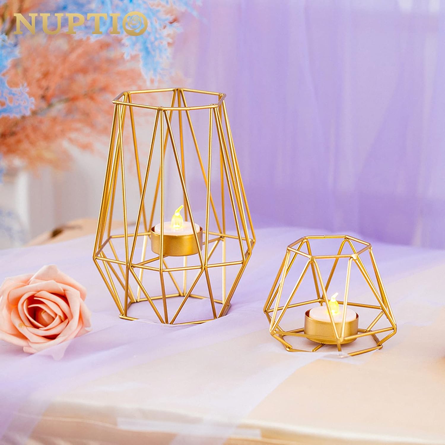 2 Pcs Metal Hexagon Shaped Geometric Design Tea Light Votive Candle Holders, Iron Hollow Tealight Candle Holders for Vintage Wedding Home Decoration, Gold (S + L)