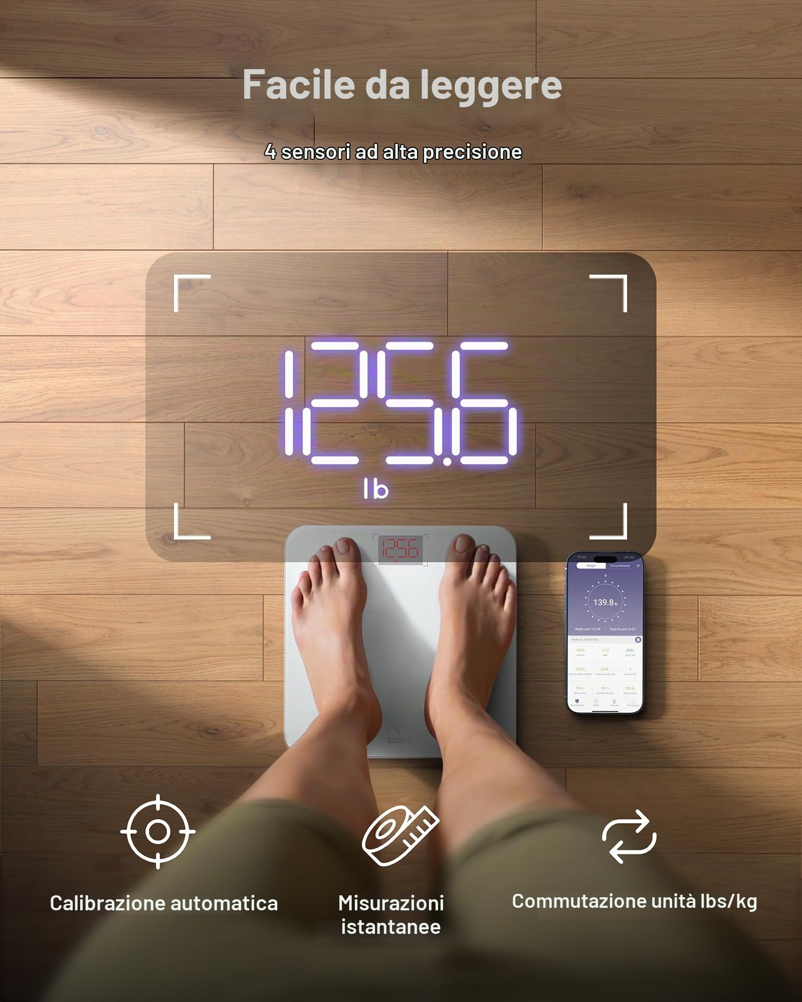 FITINDEX Bilancia Digitale Bilancia Pesapersone, Impedenziometrica Intelligente Bluetooth, 13 Funzioni, Analisi Composizione Corporea con App per Massa Grassa, BMI, Grasso Viscerale, Bianca
