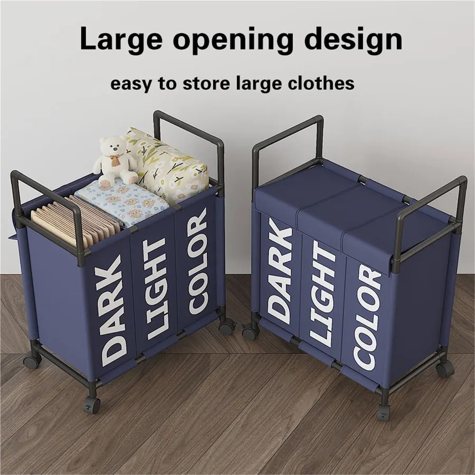 Cesto Portabiancheria Con Ruote Cesto for la biancheria a 3 scomparti con ruote, organizer for vestiti, divisorio impermeabile for il bagno(Grey armless design)