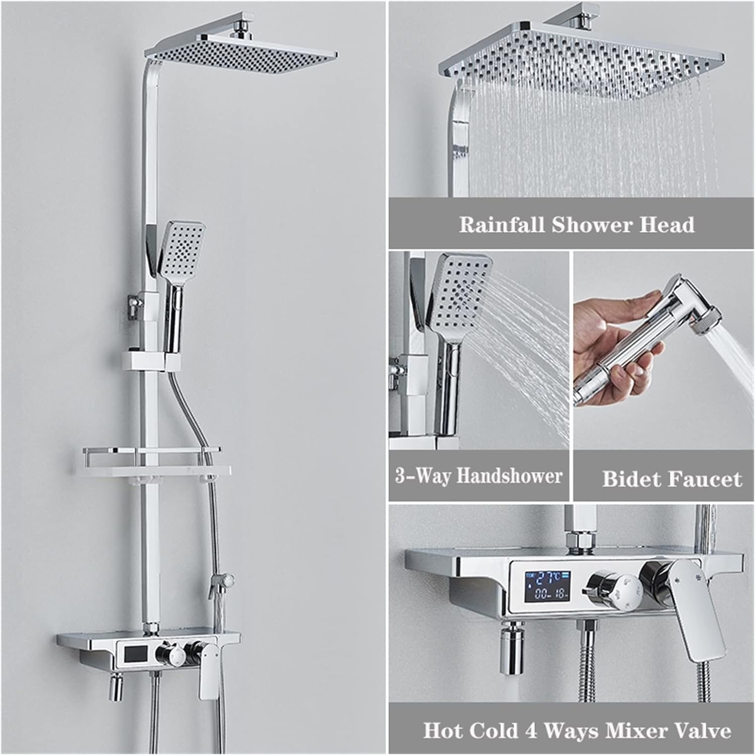 Shower Mixer Black Thermostatic Shower Faucet Digital Display Shower Set Bidet Faucet Rotate Bathtub Tap with Shelf Crane (Black Thermostatic A) (Chrome Hot Cold A)