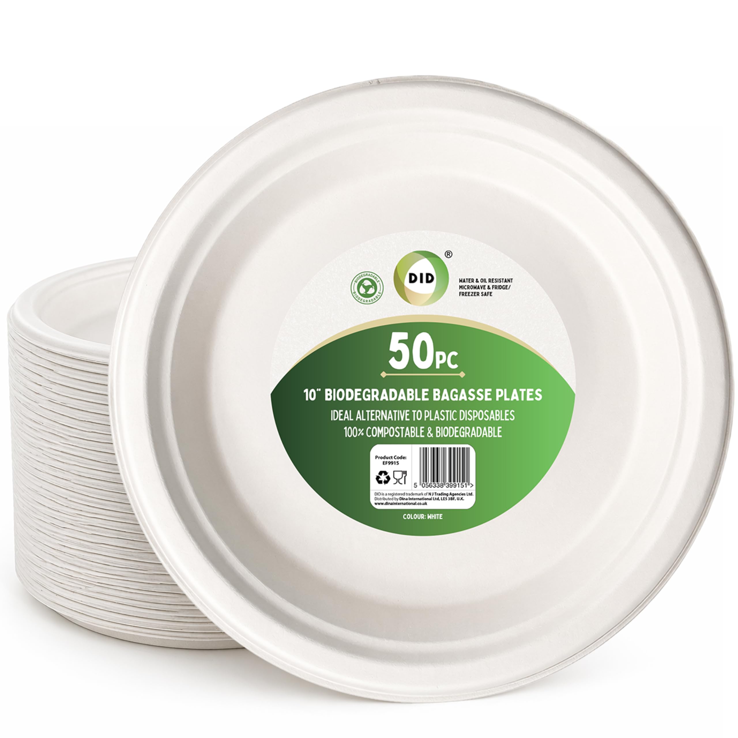 DID 50 Pack 10 inch Biodegradable Bagasse Plates, eco Friendly, Disposable Tableware, compostable White Round Serving Dishes for Parties & Events Catering Water & Oil Resistant, Freezer & Fridge Safe