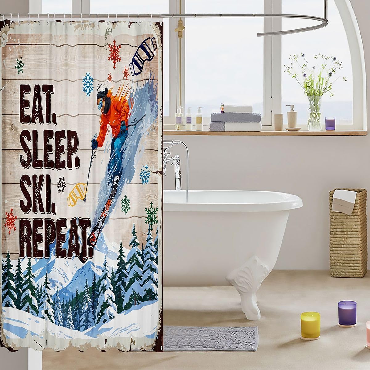 Ski Shower Curtain Rustic Farmhouse Brown Wooden Bathroom Curtain Skiing Skier Sports Games Bathroom Curtain Kids Boys Girls Adult Room Decor Winter Snow Mountain Bath Curtain,12 Hooks,72"Wx84"L