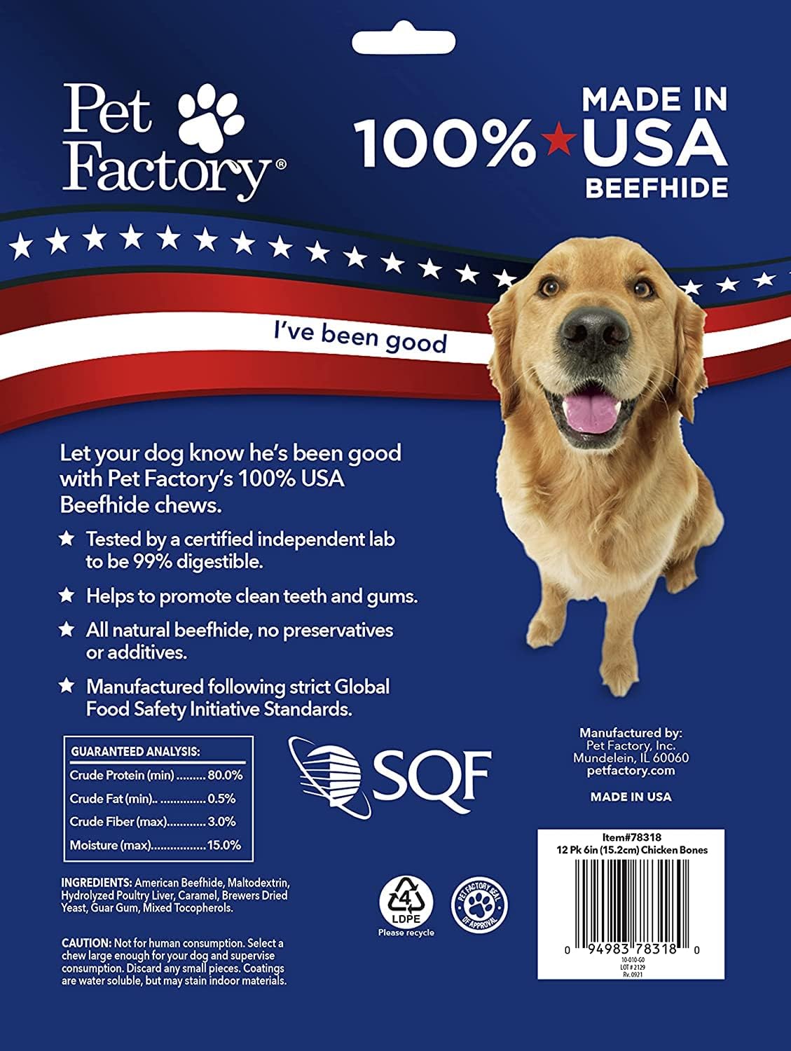 Pet Factory 100% Made in USA Beefhide 6" Knotted Bones Dog Chew Treats - Chicken Flavor, 12 Count/1 Pack