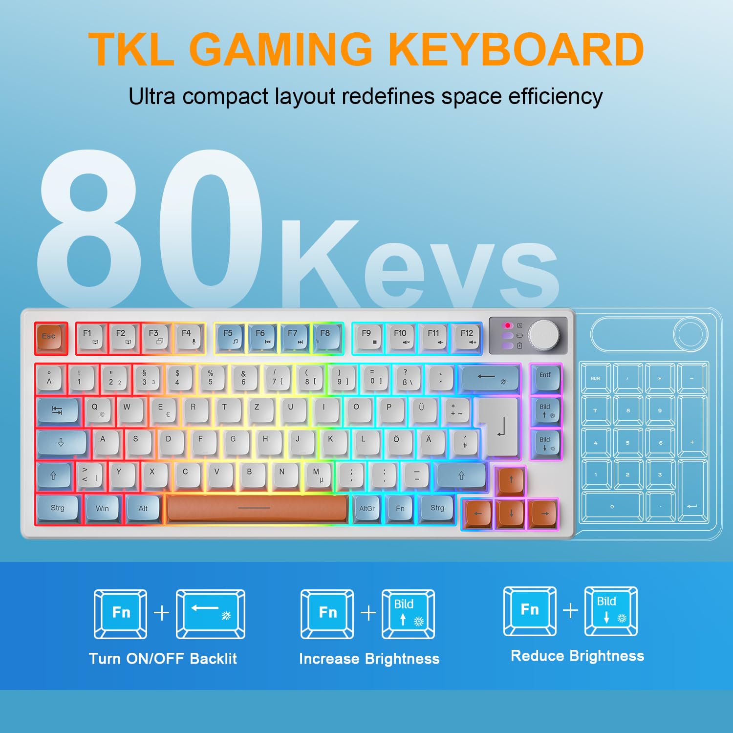 75% Tastatur und Maus Set Kabelloses, QWERTZ DE Layout Kompakte Gaming Tastatur mit Lautstärkeregler, Wiederaufladbare RGB Maus mit Akkuanzeige, Für PC Mac Xbox PS5