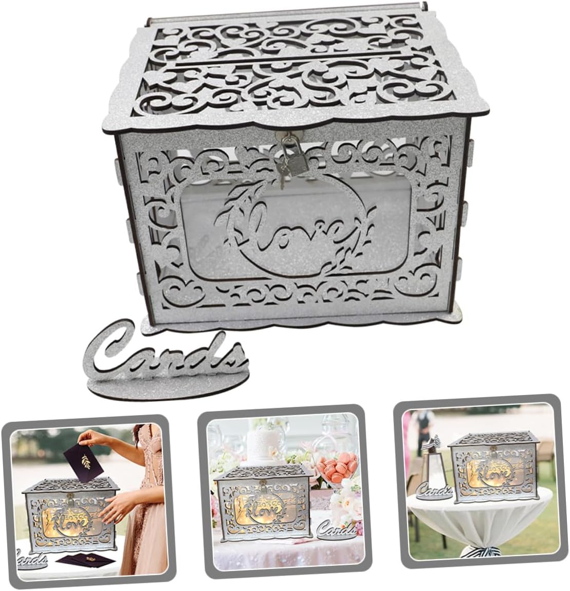 Wooden Hollow Glitter Wedding Card Box Greeting Card Holder Wood Storage Container for Birthday Anniversary Reception Decor