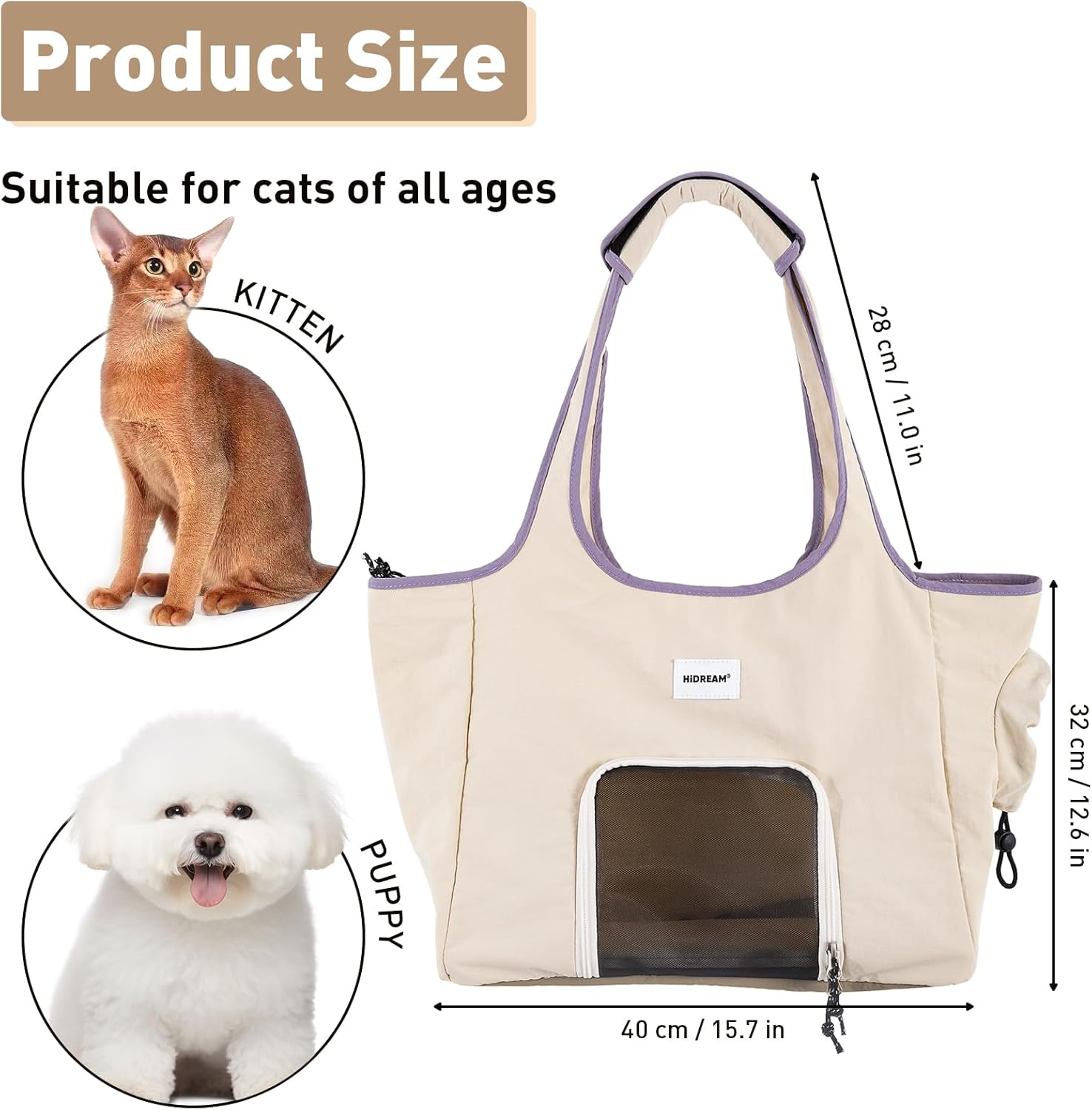ETIAL Portable Cat Carrier Shoulder Bag, Lightweight Pet Travel Bag for Small Dogs & Cats Under 14lbs, Expandable Side Peek Window, Breathable Mesh, Escape-Proof Zipper, Waterproof Nylon (Beige)