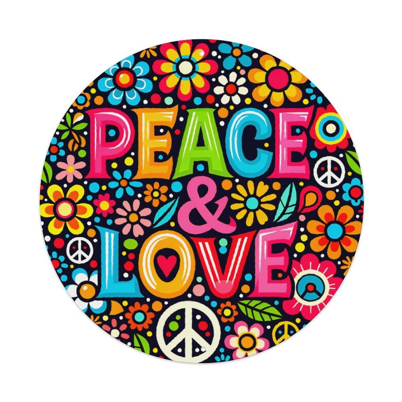 Peace & Love Hippie Flower Round Decor Sign Vintage Aluminium Metal Sign, Retro Wall Decor for Home, Bar, Garage & Farmhouse 20x20cm