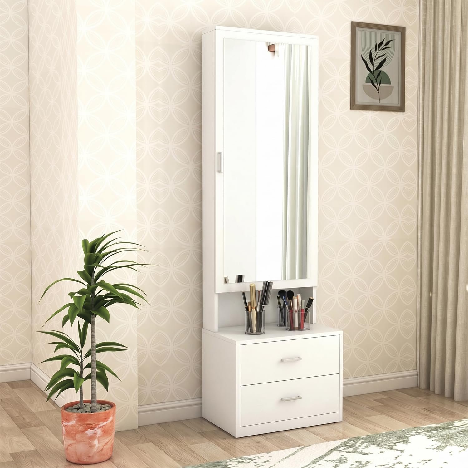 DesignFit Engineered Wood Dressing Table with Drawer and Door Storage Wooden Mirror Vanities Furniture for Bedroom Home Living Room (White Finish)-image-22
