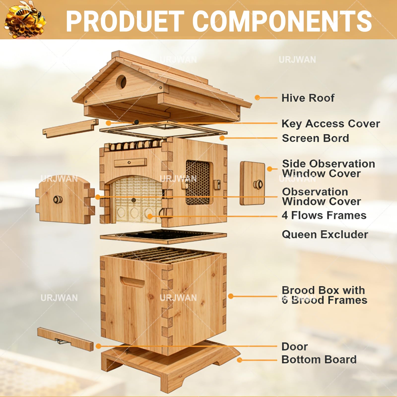 Kit Apicoltura Completo Flowhive, Arnia Premium in Legno Automatica con Vassoi Favo Telai di Covata E Supporto, Affidabile per Piccole Gestioni Apiarie