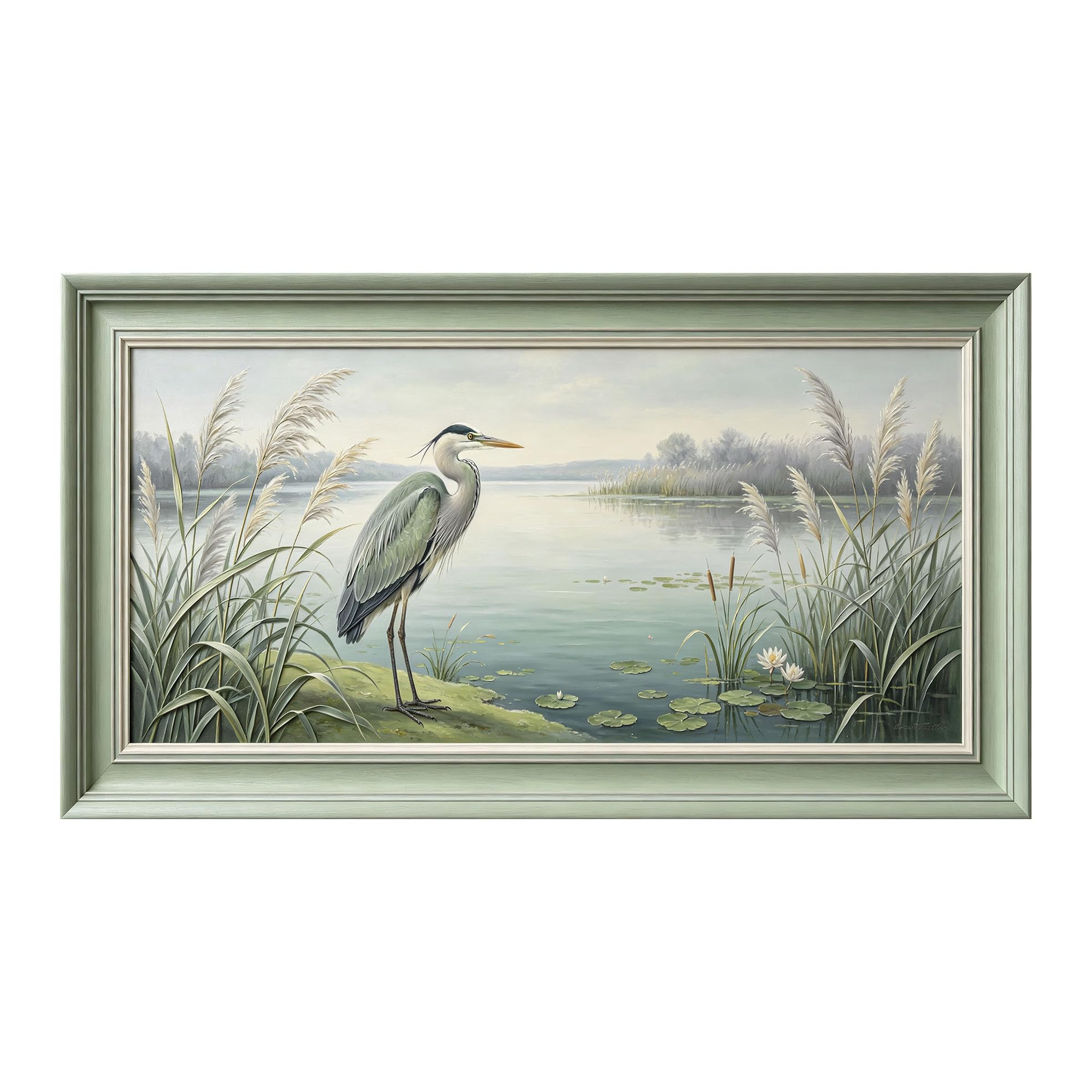 Yzpallescene 3D 3D Framed Wall Art 50cm×90cm Lake Heron Landscape Oil Painting Large Size SelfAdhesive Removable Wall Decor Prints Artwork for Living Room Bedroom Office