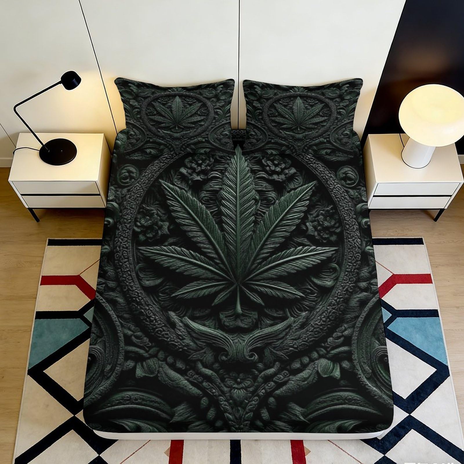 3D Printed Vintage Leaf Fitted Sheet Microfiber Deep Pocket Non-Slip Vintage Leaf Mattress Fitted Cover Full Wrap Bedding 200x200x25cm
