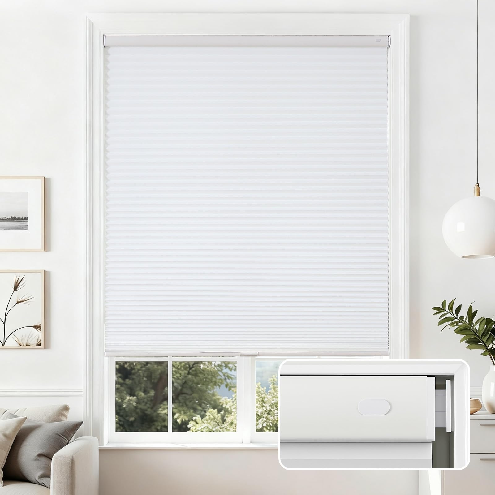 Joydeco No Tools No Drill Cordless Cellular Shades, Light Filtering Honeycomb Blinds for Indoor Windows, Thermal Insulating & Noise Reducing (White, 35" W x 64" H) Light Filtering - White 35