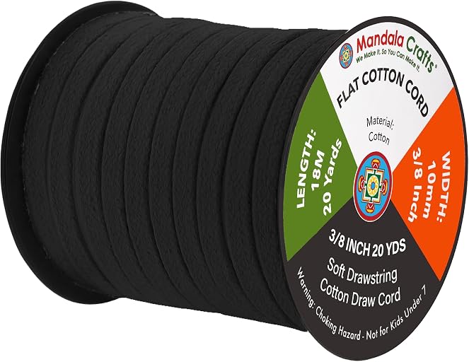 Mandala Crafts Black Flat Drawstring Cord Replacement, 3/8 Inch 20 YDs Black Soft Drawstring Cotton Draw Cord Hoodie Sweatpants Drawcord Replacement