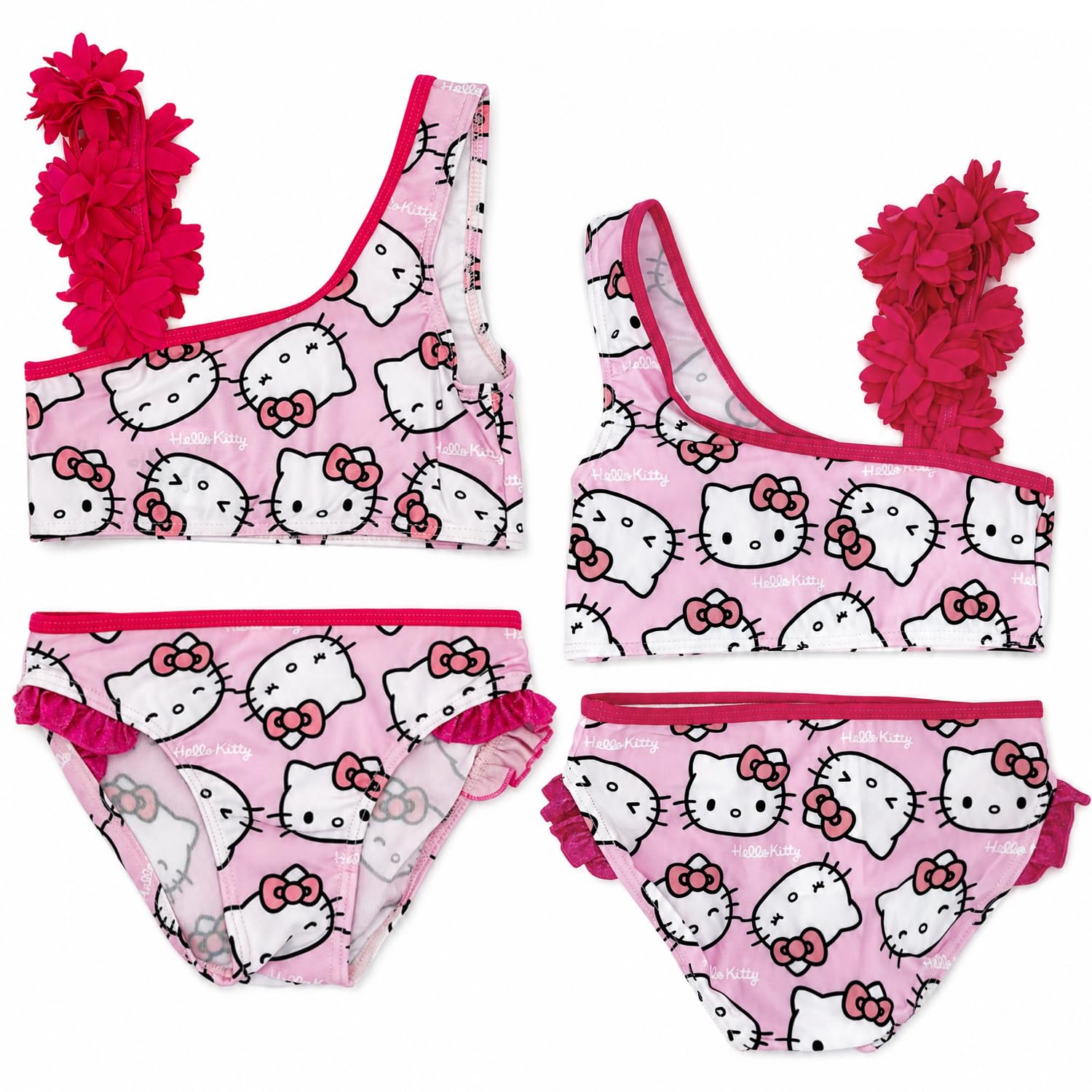 Hello Kitty – Costume da bagno 2 pezzi da ragazza | Bikini da bambino rosa con spalline floreali e volant glitterati | 85% poliestere, 15% elastan, taglie 3-7 anni | Sanrio Official