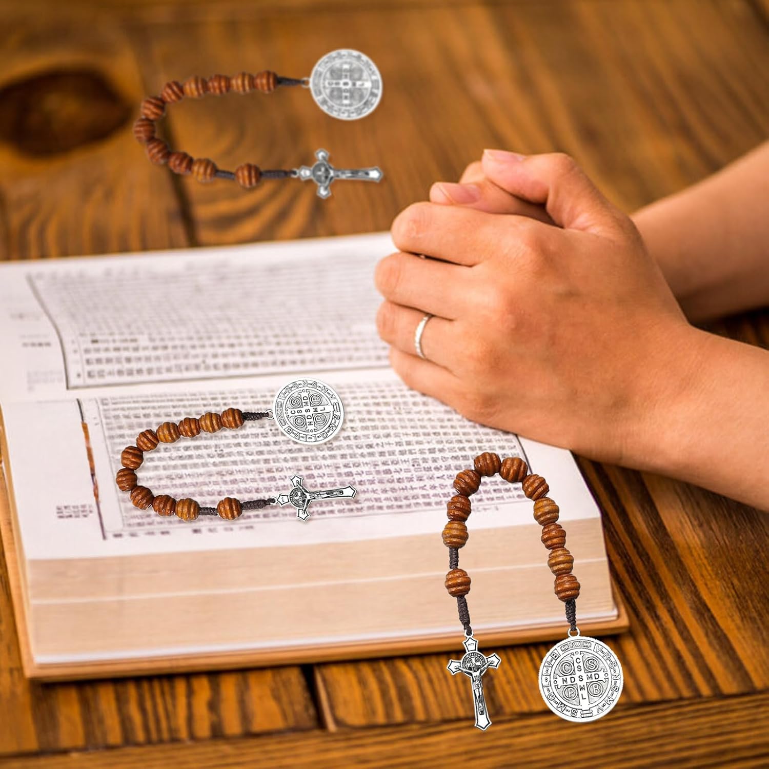 4Pcs 9 Inch Rosarios Catolicos St Benedict Medals Pocket Rosary Medalla de San Benito Crucifix Brown Wooden Prayer Beads for Men Women - Image 4
