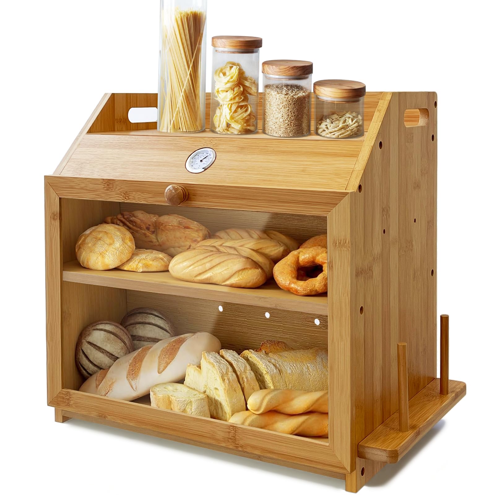 Doppelschicht Bambus Brotbox, Thermometer inklusive, mit Messerhalter‑Schneidebrett‑Rack & Lüftungsöffnungen, Bauernhaus‑Stil Küchen Organizer für Arbeitsplatten‑Ecke