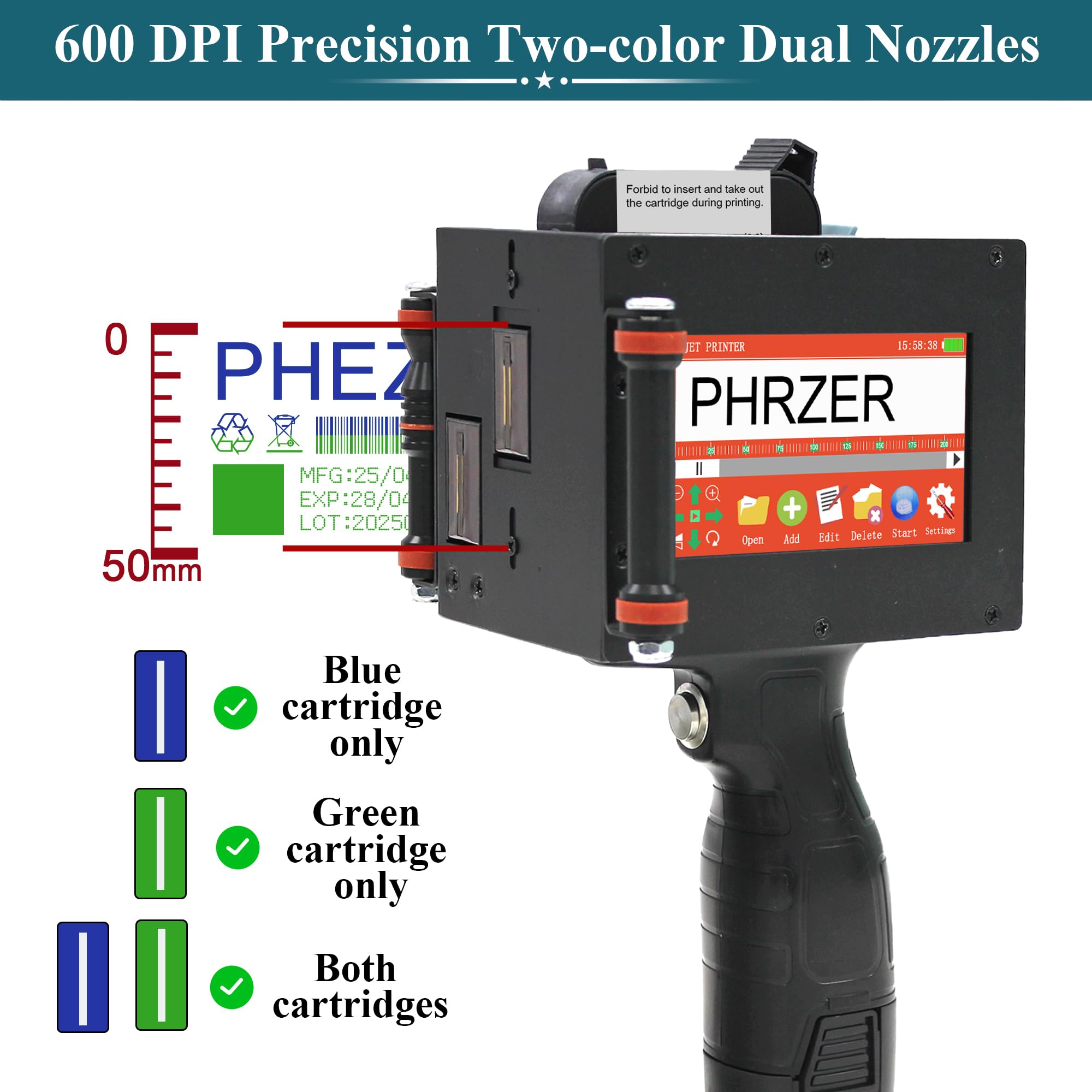 Phezer Dual Nozzle Large Charater Handheld Inkjet Printer P50, 2