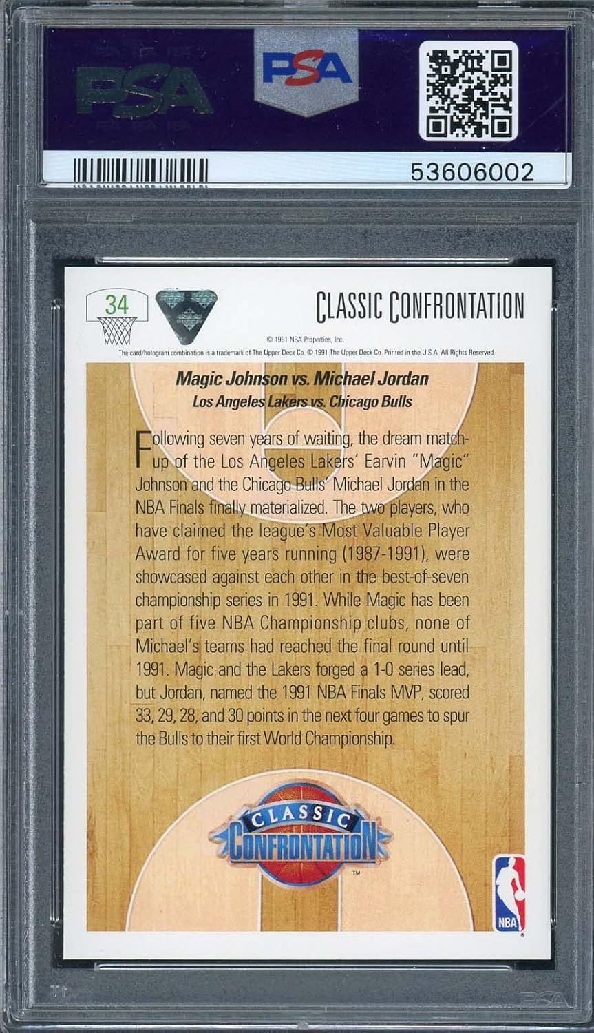 Michael Jordan and Magic Johnson 1991 Upper Deck Basketball Card #34 Graded PSA 9 (Cert #53606002)