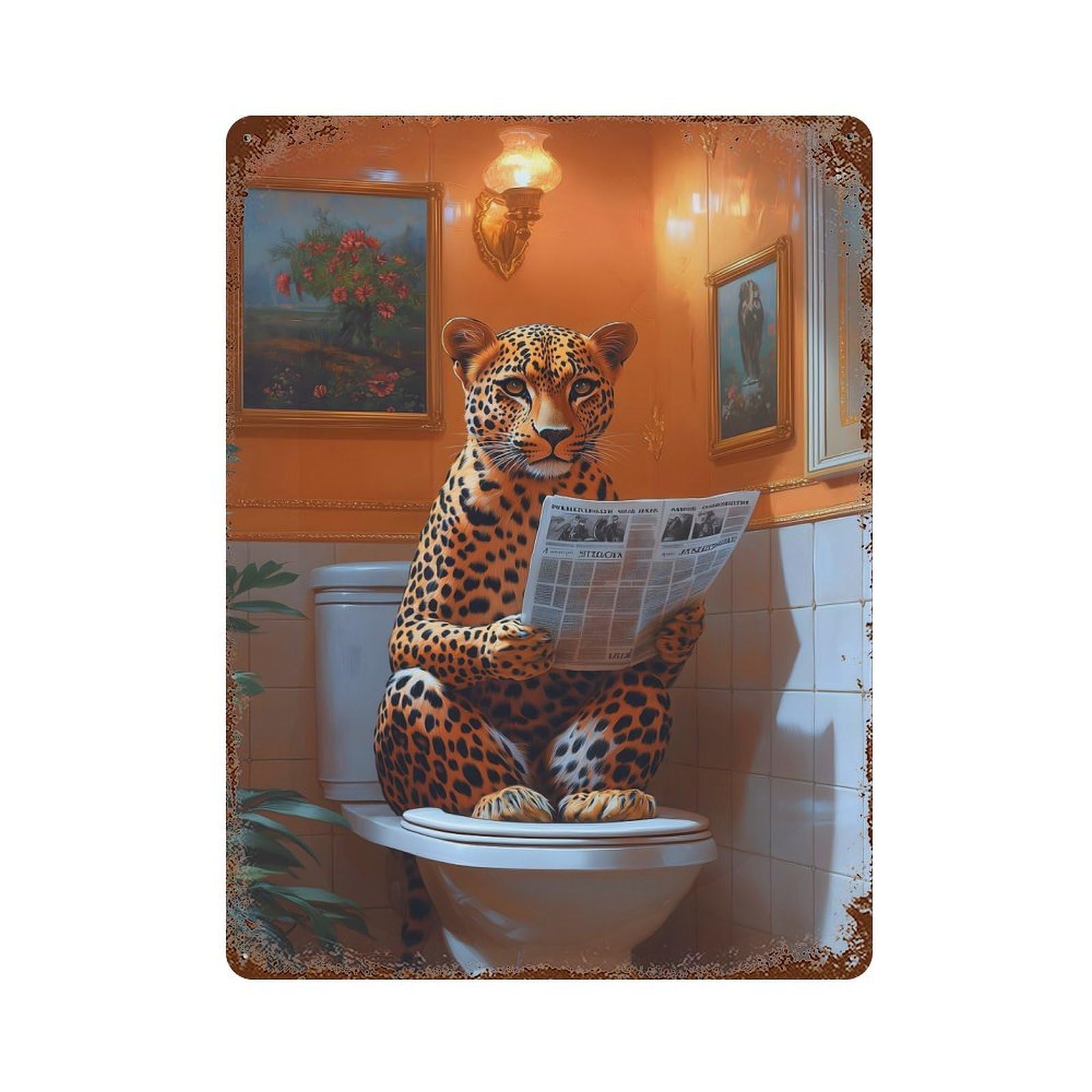Leopard Reading Newspaper Toilet Aged Metal Wall Plaque 15.7"x11.8", Decorative Metal Wall Art for Garage, Pub Or Kitchen