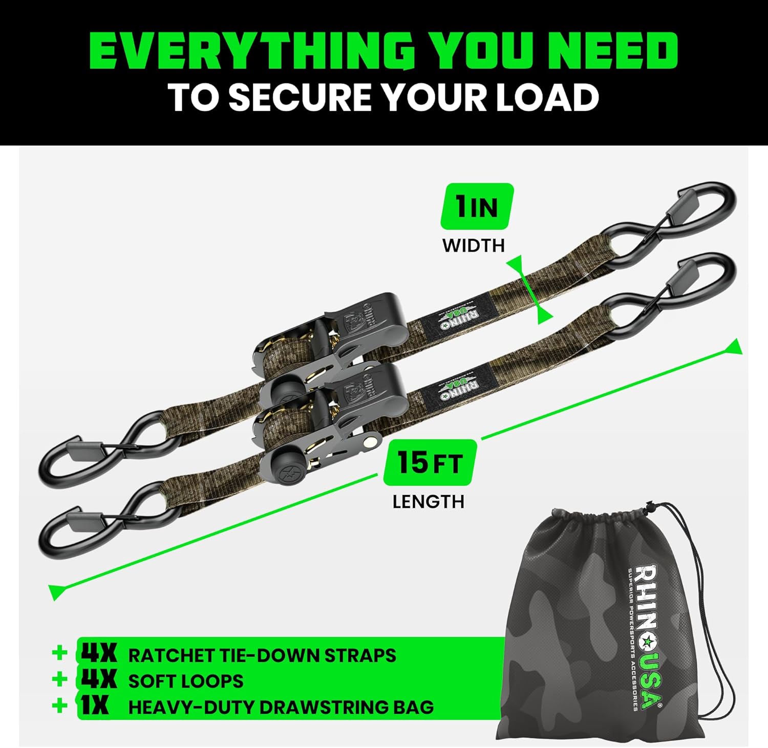 Rhino USA x Realtree Ratchet Straps Tie Downs (4PK) - 1" x15' (1,823lb Break Strength) - Ultimate Tie Down Straps with Safety S Hooks - for Trucks, Cargo, Moving, Appliances- Realtree APX Camo