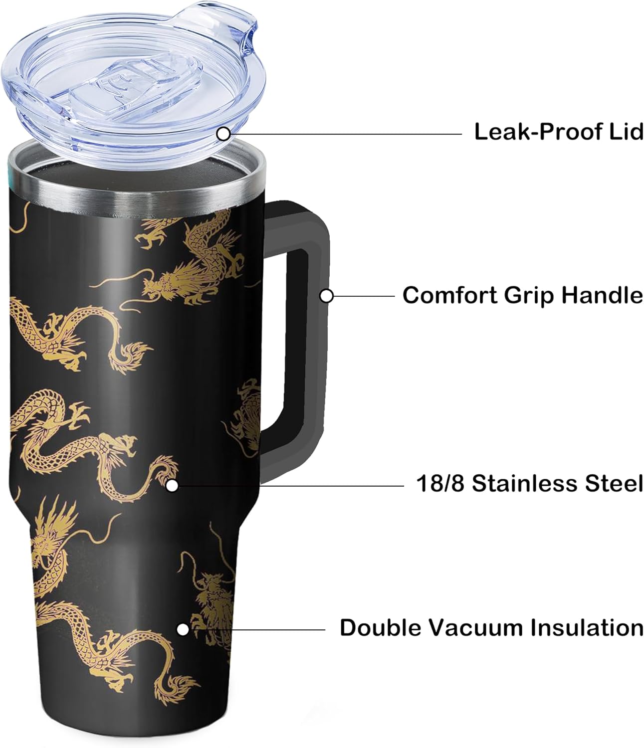 Golden Dragon Tumbler with Handle and Straw, 40 oz Stainless Steel Pink Insulated Cup with Lid and Straw,Travel Coffee Mug Water Bottle, Birthday Christmas Mothers Day Gifts for Animal Lovers Women - Image 3