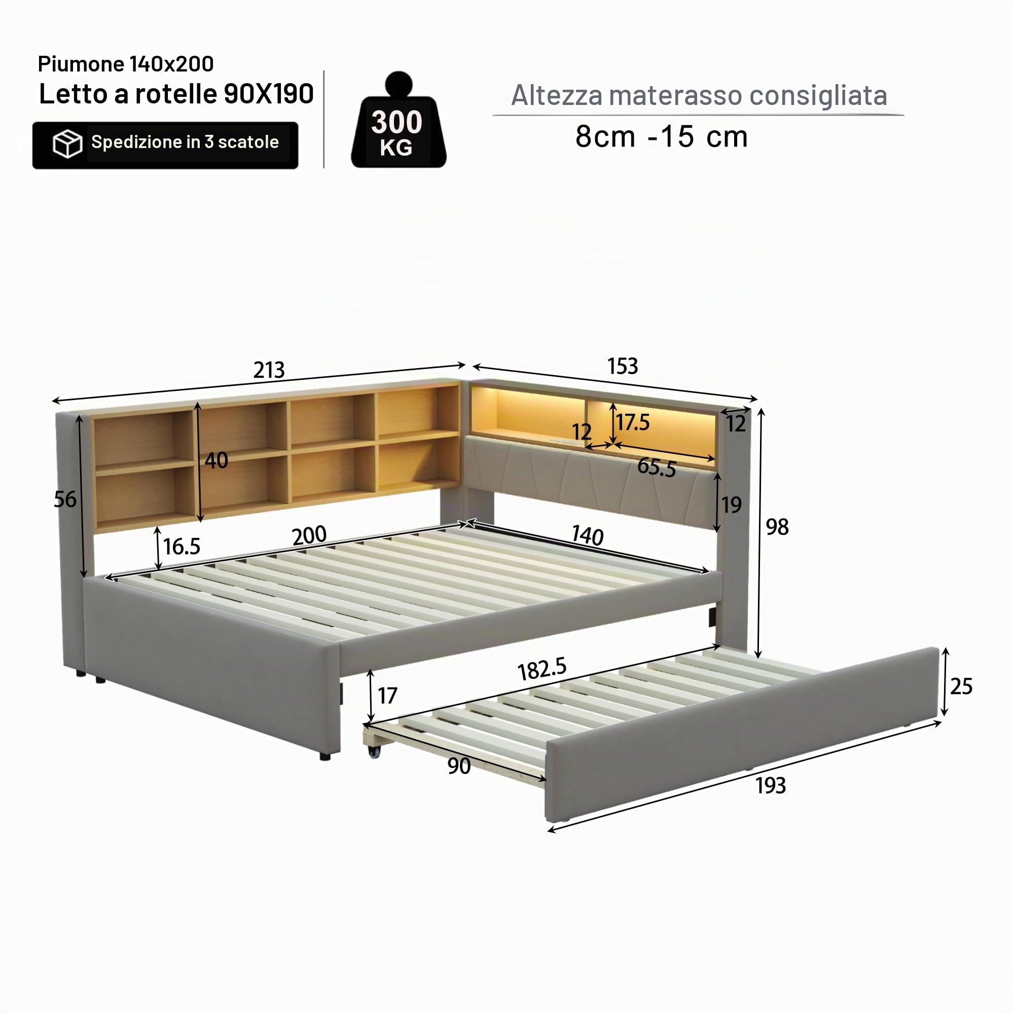 Letto imbottito Daybed 140x200cm, Divano letto con letto estraibile, Letto matrimoniale con luci LED, Prese e scomparti, Divano letto multifunzionale, Telaio del letto, Flanella (Grigio scuro
