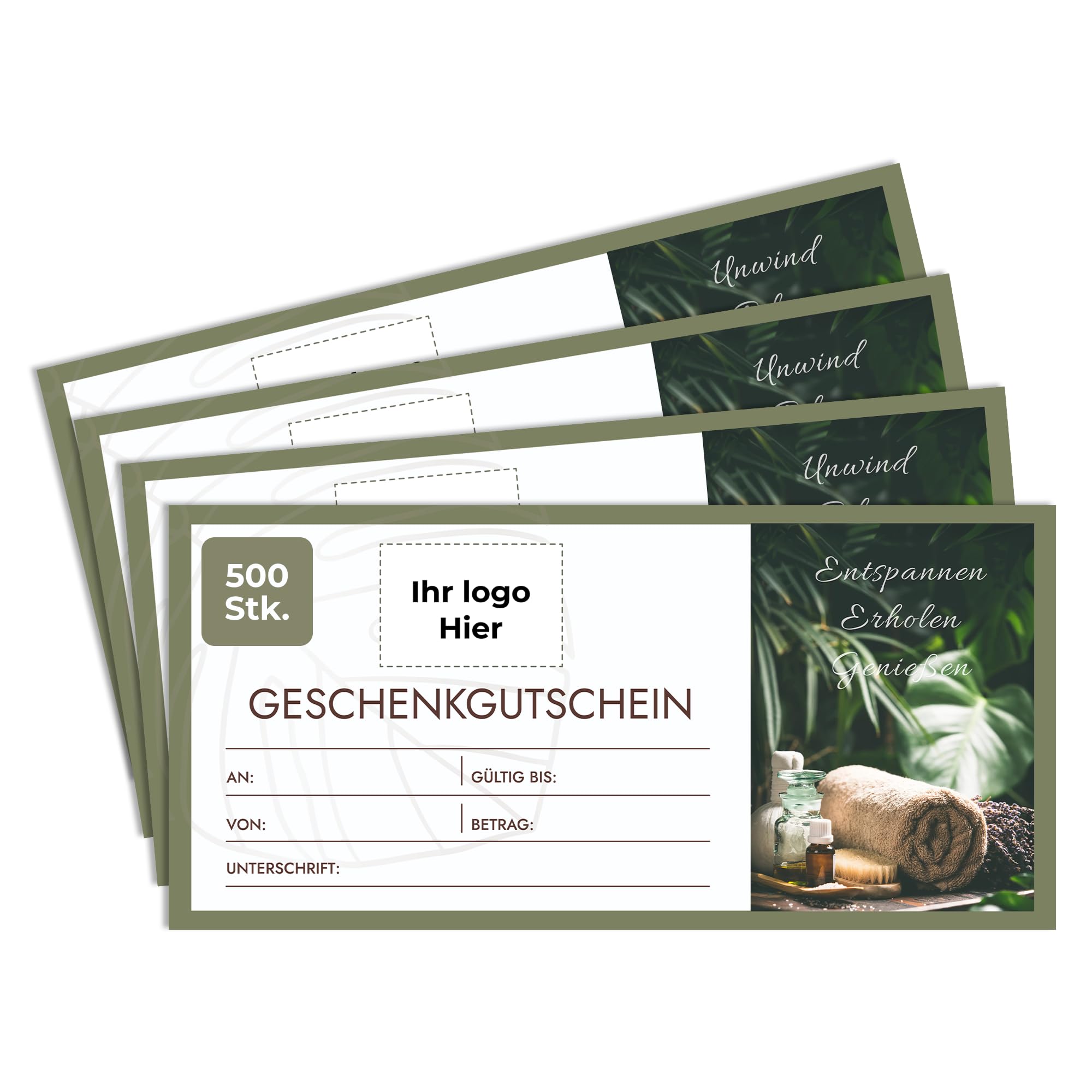 Personalisierte Beauty & Wellness Gutscheine, Logo oder Text, 500 Stück | Premium 300 g/m² matt gestrichenes Papier, 210 W × 95 H mm, Vorlage vorne, personalisierbare Rückseite, Kundenbindung