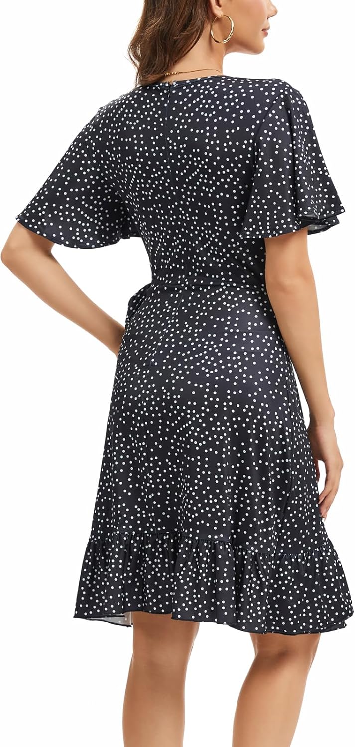 Womens Sundresses Summer Floral Short Sleeve V Neck A-Line Ruffle Hem Midi Casual Vacation Dresses 2025 - Image 5