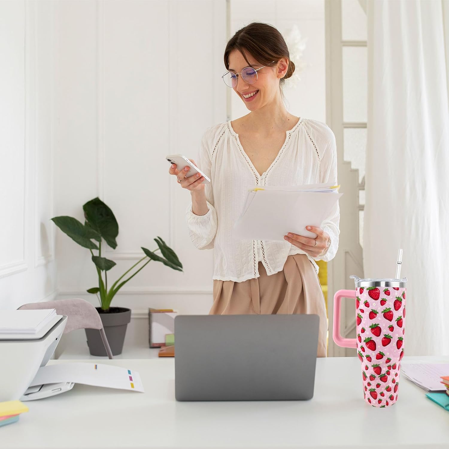 Strawberry Cup 40 OZ Tumbler with Handle and Straw Lid Leak Proof - Strawberry Travel Coffee Mug with Handle Insulated for Hot Cold Ice - Birthday Gifts for Women Stainless Steel Cup - Image 3