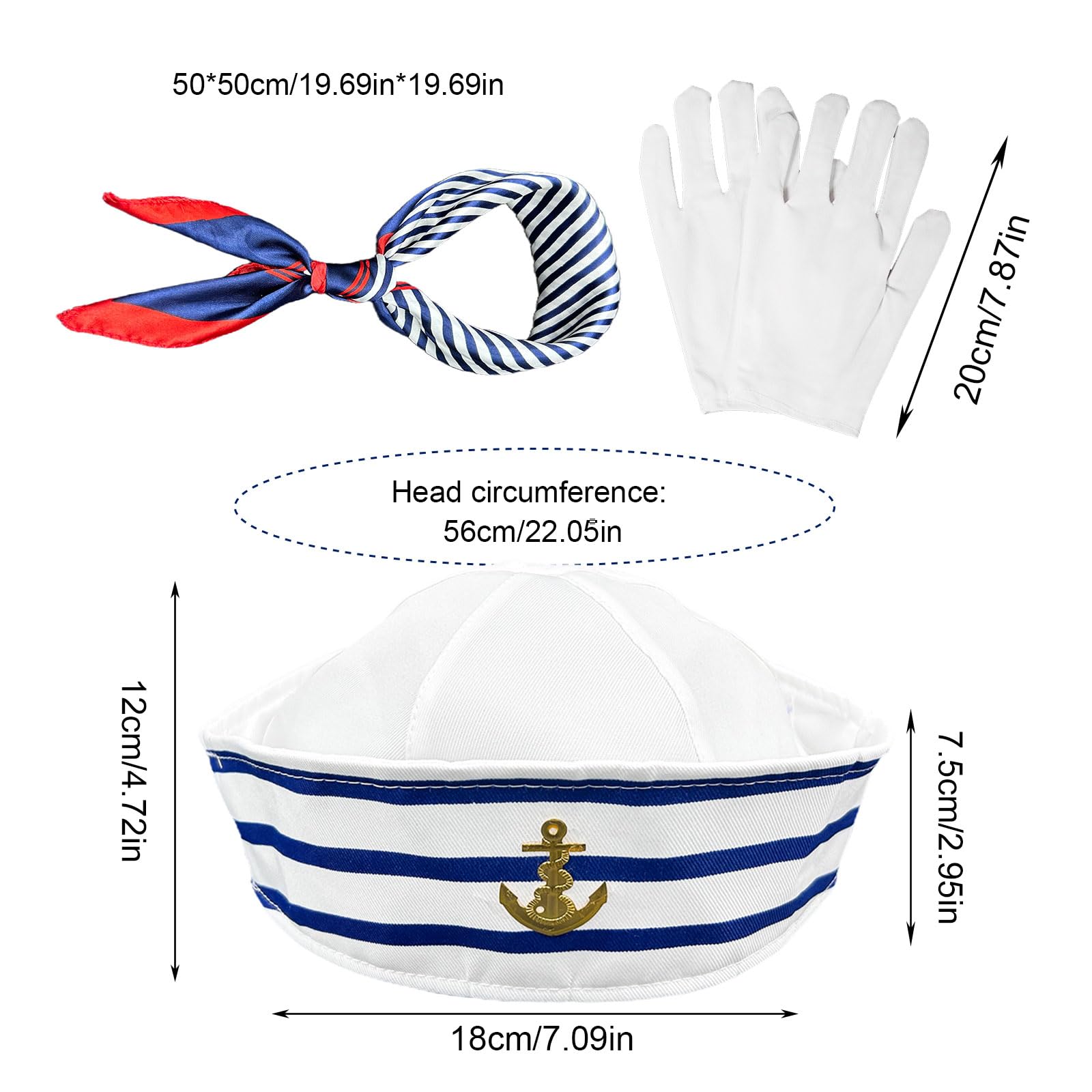 XNIVUIS Captain Sailor Costume Set,Sailor's Cap Scarf White GlovesYacht Captain Cap Sailor Ship Cap One SizeNavy Outfit Dressing Up Party for Women Men Costume Accessory (sailor) - Image 2